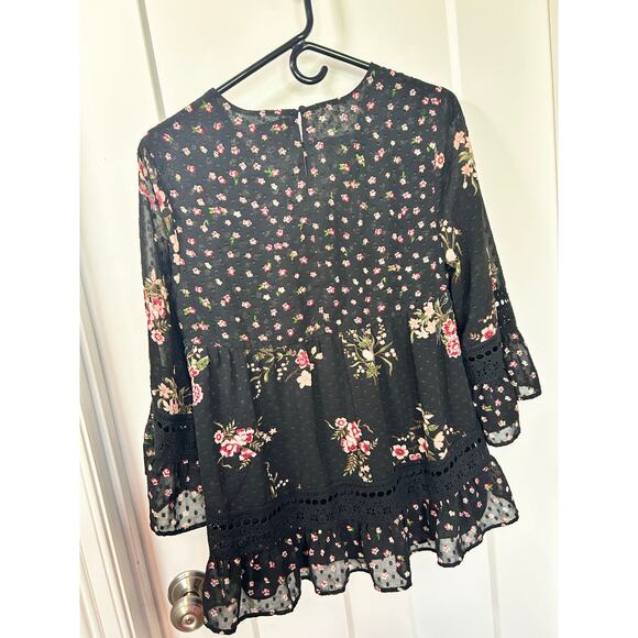 Anthropologie Maeve Steffy Bell-Sleeve Floral Chiffon Overlay Top Black SZ Small - Picture 7 of 13